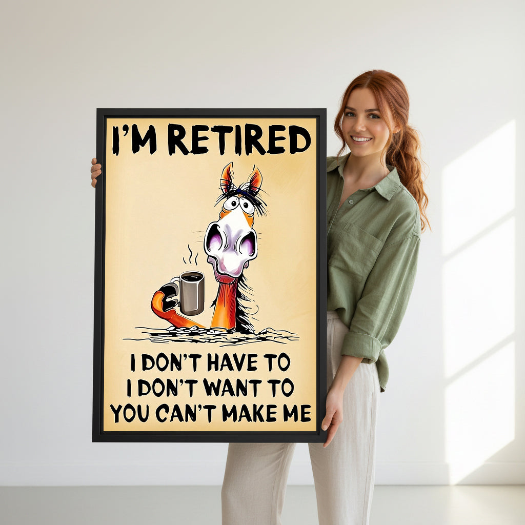 Model holding retired horse coffee canvas wall art for size reference