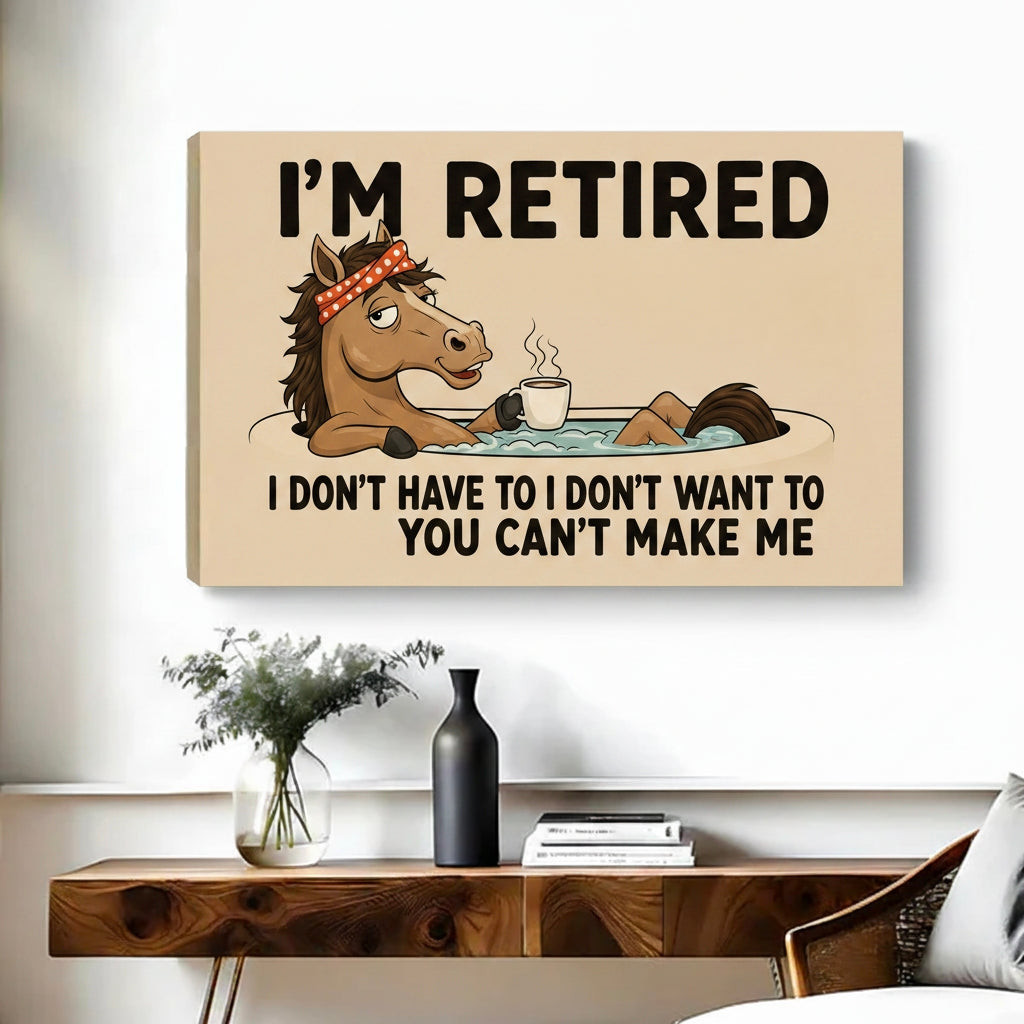 Gallery wrap retired horse humor canvas print above mid-century console table with vase and books