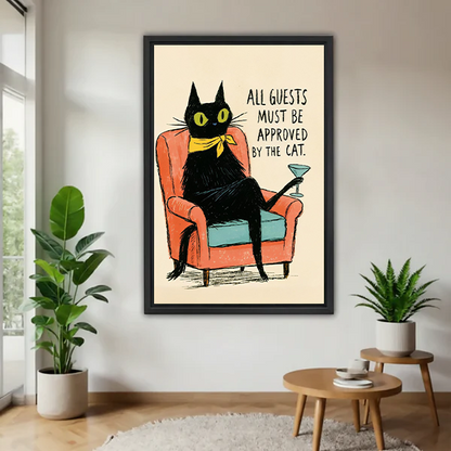 Framed retro black cat canvas wall art with a funny guest approval quote displayed between leafy potted plants.