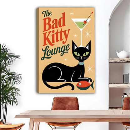 Framed retro black cat canvas wall art with cocktail and fish hangs above a dining table.