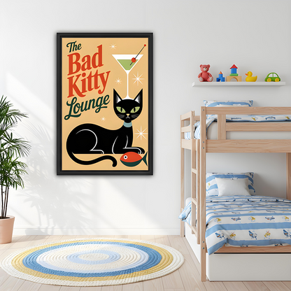 Gallery-wrap retro black cat canvas wall art hangs beside an arched alcove above a dining table.