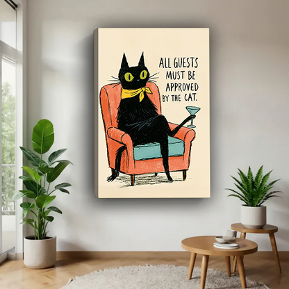 Gallery-wrap retro black cat canvas wall art featuring a coral armchair and yellow scarf displayed beside potted plants.