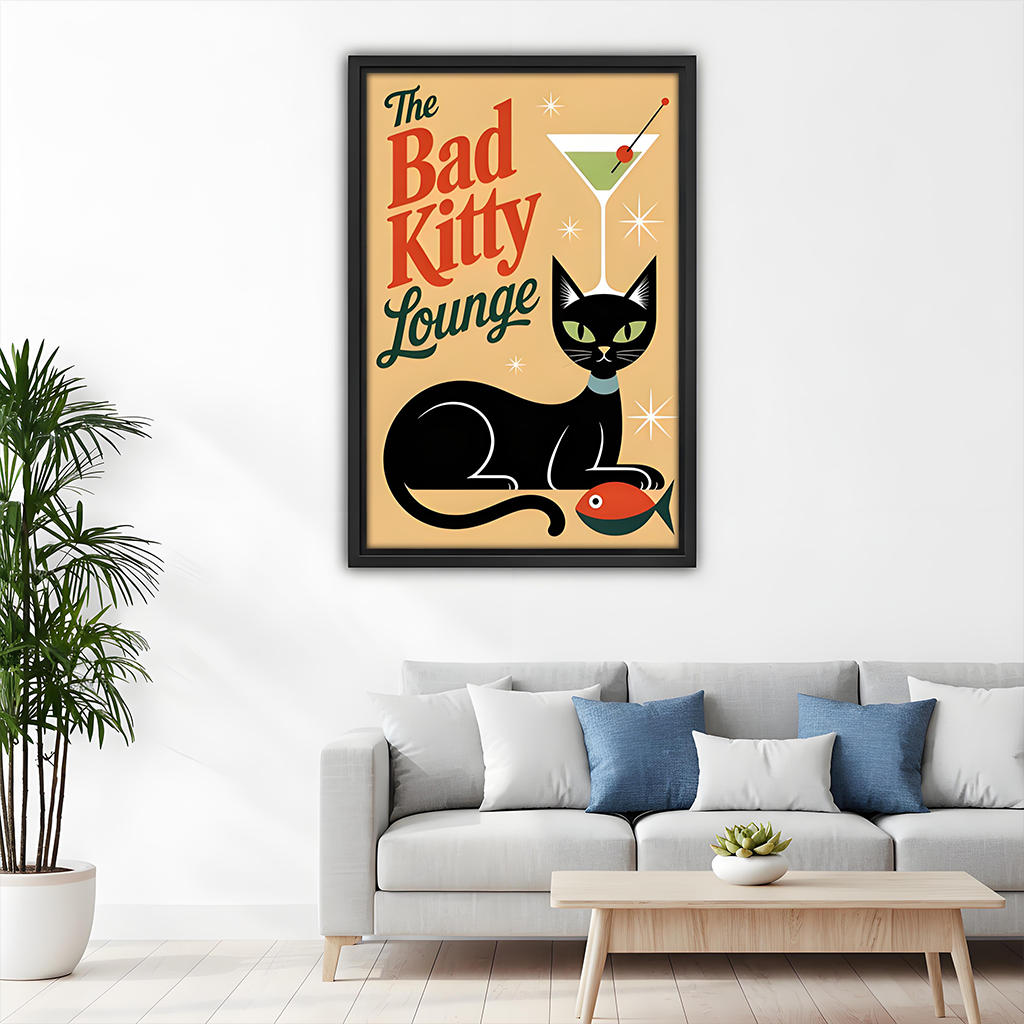 Framed retro black cat canvas wall art with green-eyed cat hangs beside a wooden bunk bed.