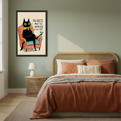 Woman holding framed retro black cat canvas wall art showing a lounging cat with a cocktail and humorous quote.