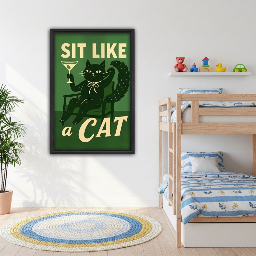  Retro black cat cocktail canvas wall art in a black frame beside wooden bunk beds and colorful toys.