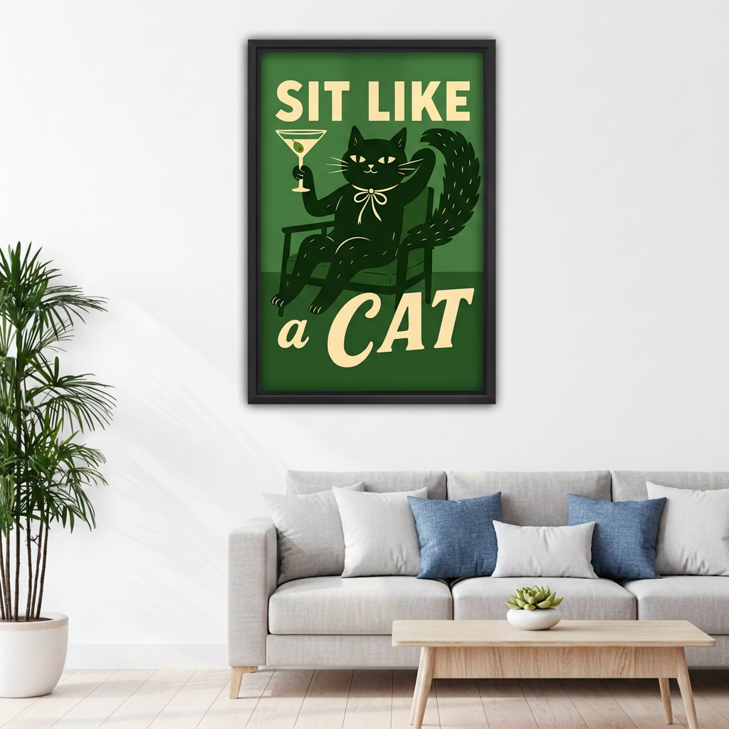 Black-framed retro black cat cocktail canvas wall art above a gray sofa with blue pillows beside a plant.