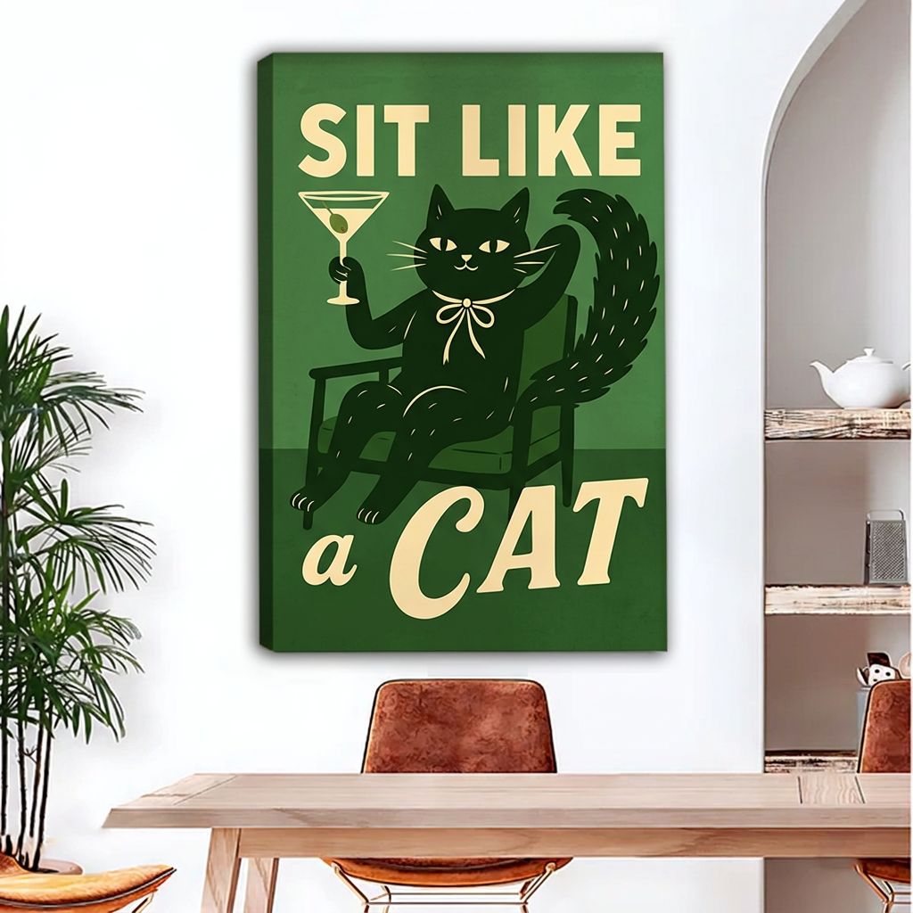 Unframed retro black cat cocktail canvas wall art with green background and cream lettering above a dining table.