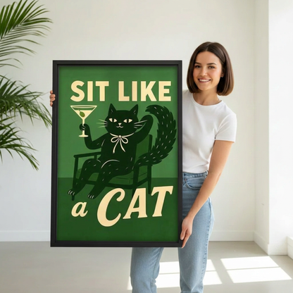Smiling woman holding black-framed retro black cat cocktail canvas wall art with Sit Like a Cat lettering.
