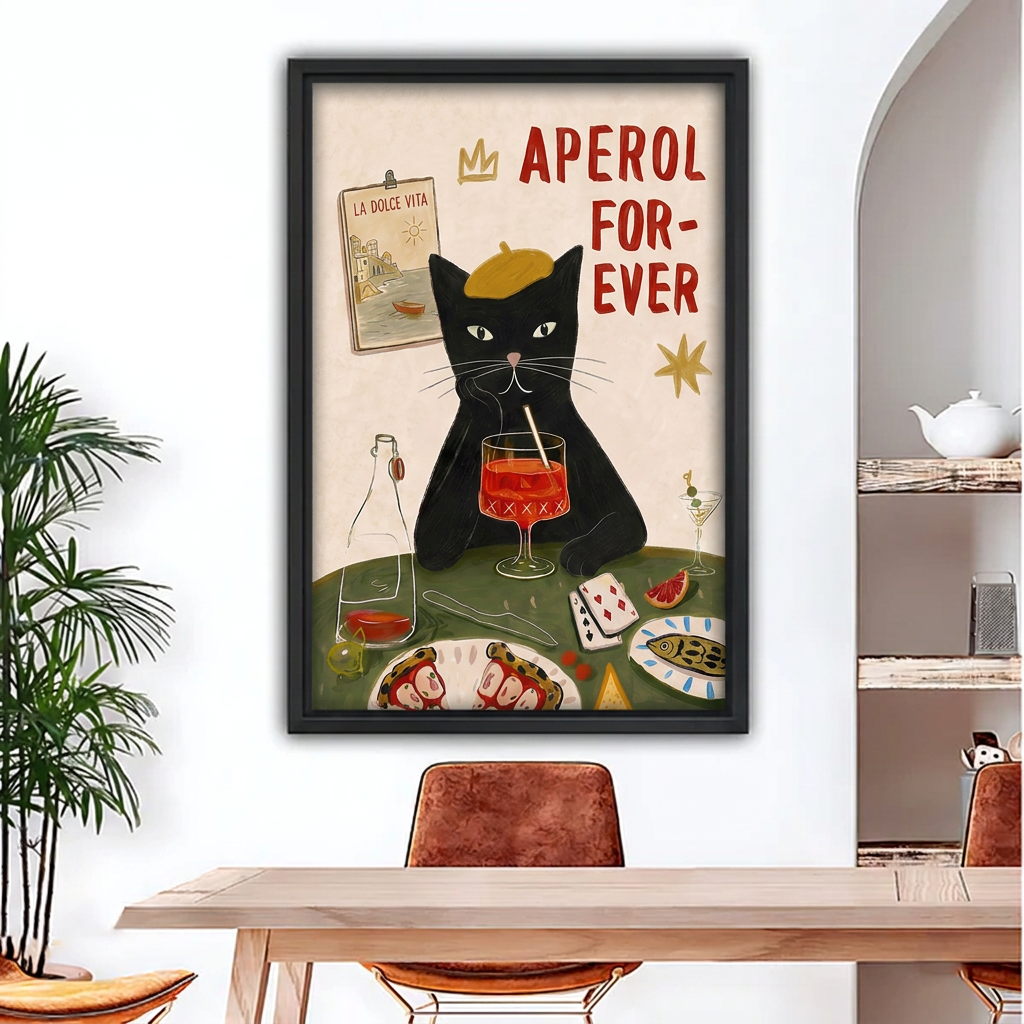Black-framed retro black cat spritz canvas wall art displayed above a dining table beside arched shelves.