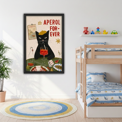 Retro black cat spritz canvas wall art in a black frame beside wooden bunk beds and colorful toys.