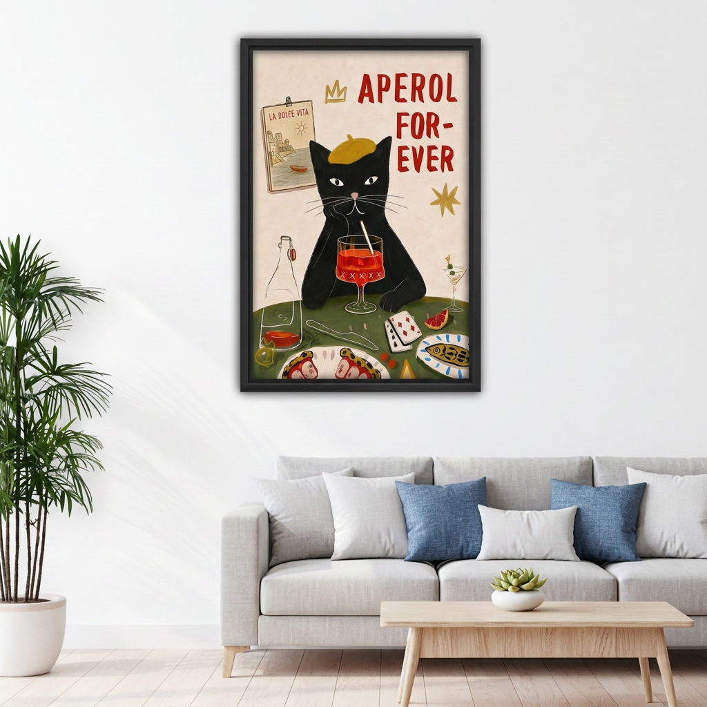 Black-framed retro black cat spritz canvas wall art above a gray sofa with blue pillows beside a plant.