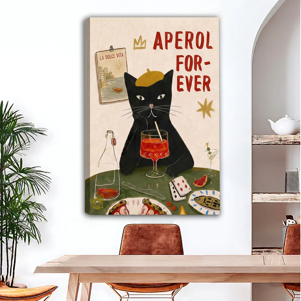Unframed retro black cat spritz canvas wall art with Aperol Forever lettering above a wooden dining table.