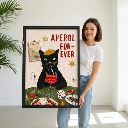 Smiling woman holding black-framed retro black cat spritz canvas wall art featuring an orange cocktail and yellow beret.