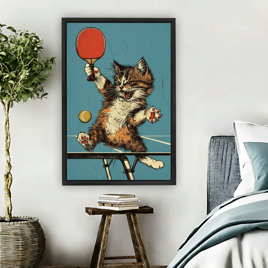 Retro cat ping pong canvas wall art in black frame above wooden stool in cozy white bedroom