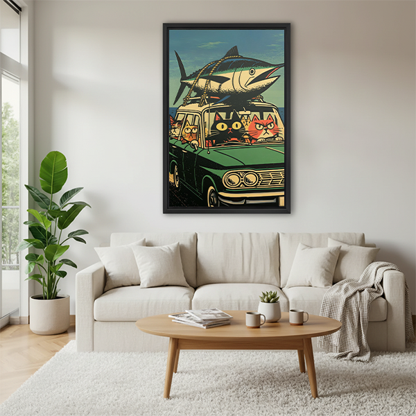 Retro Cats and Fish Car Canvas Wall Art | Framed & Unframed l5103
