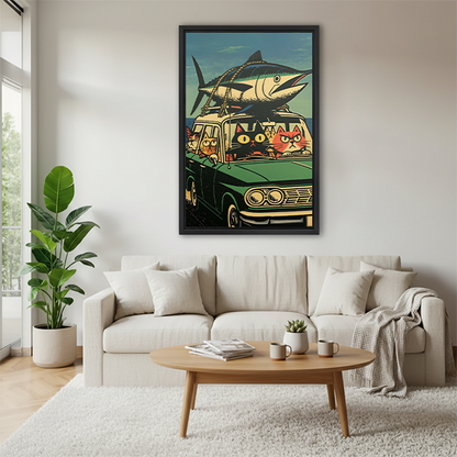 Retro Cats and Fish Car Canvas Wall Art | Framed & Unframed l5103