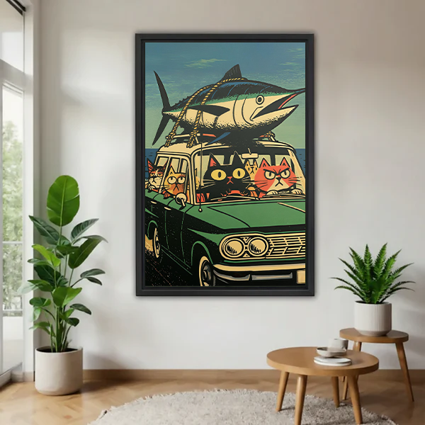 Retro Cats and Fish Car Canvas Wall Art | Framed & Unframed l5103