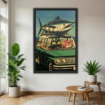 Retro Cats and Fish Car Canvas Wall Art | Framed & Unframed l5103