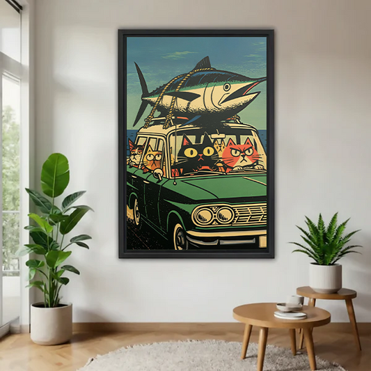 Retro Cats and Fish Car Canvas Wall Art | Framed & Unframed l5103