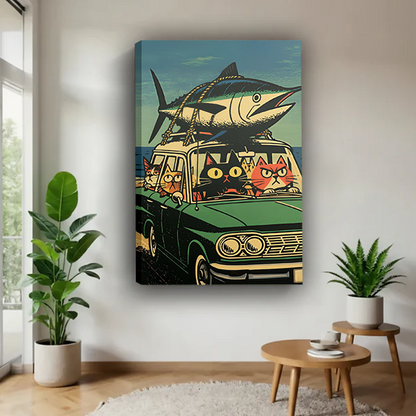 Retro Cats and Fish Car Canvas Wall Art | Framed & Unframed l5103