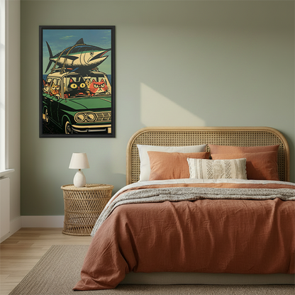 Retro Cats and Fish Car Canvas Wall Art | Framed & Unframed l5103