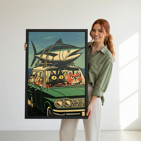 Retro Cats and Fish Car Canvas Wall Art | Framed & Unframed l5103