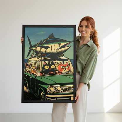 Retro Cats and Fish Car Canvas Wall Art | Framed & Unframed l5103