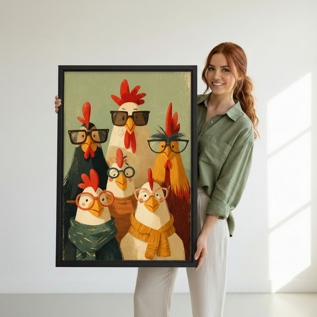 Person holding large black framed funny retro chickens with glasses canvas print against white wall