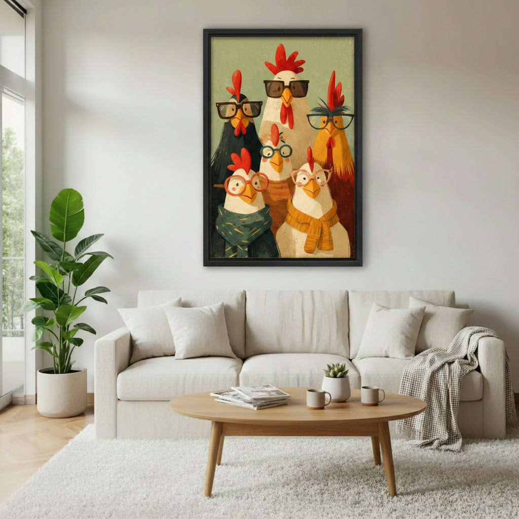 Bold funny chickens with glasses canvas wall art centered above cream sofa in modern living room