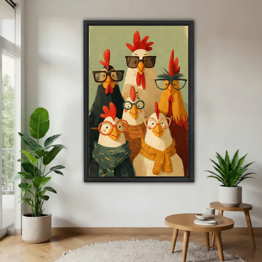 Frameless gallery wrap canvas of retro illustrated chickens with glasses in bright minimalist living room