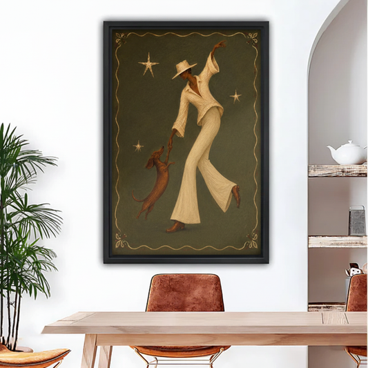 Retro-style portrait of a stylish cowgirl in cream blouse and flared trousers dancing with a leaping dachshund surrounded by gold stars in ornate olive green framed canvas above a wooden dining table