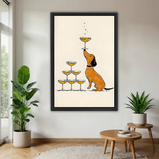 Retro dachshund champagne tower canvas wall art in black floating frame displayed in bright living room with plants