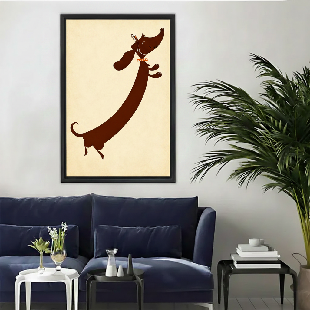 Retro dachshund silhouette framed canvas wall art in black frame hanging above navy blue sofa in living room