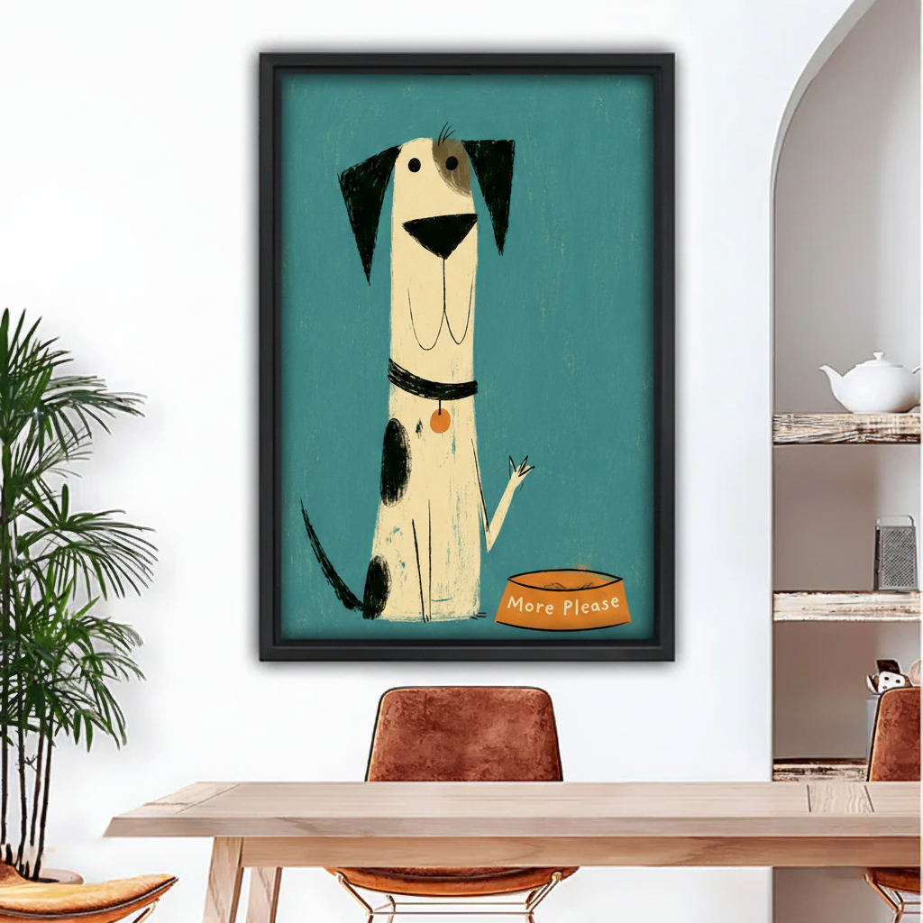 Retro dog more please canvas wall art in black float frame hung above wooden dining table with arched doorway