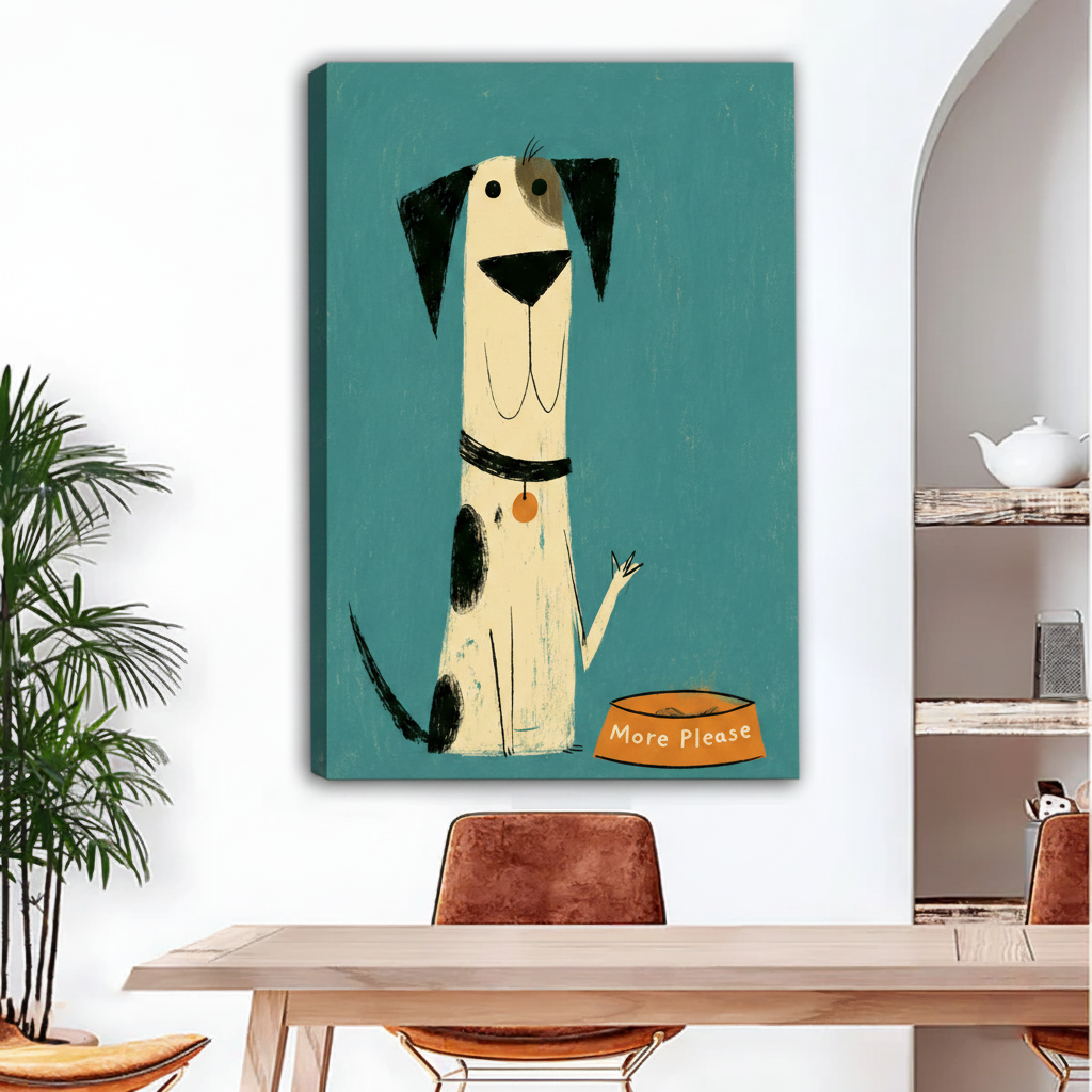 Retro dog more please canvas wall art as gallery wrap on white wall above modern dining table and leather chairs