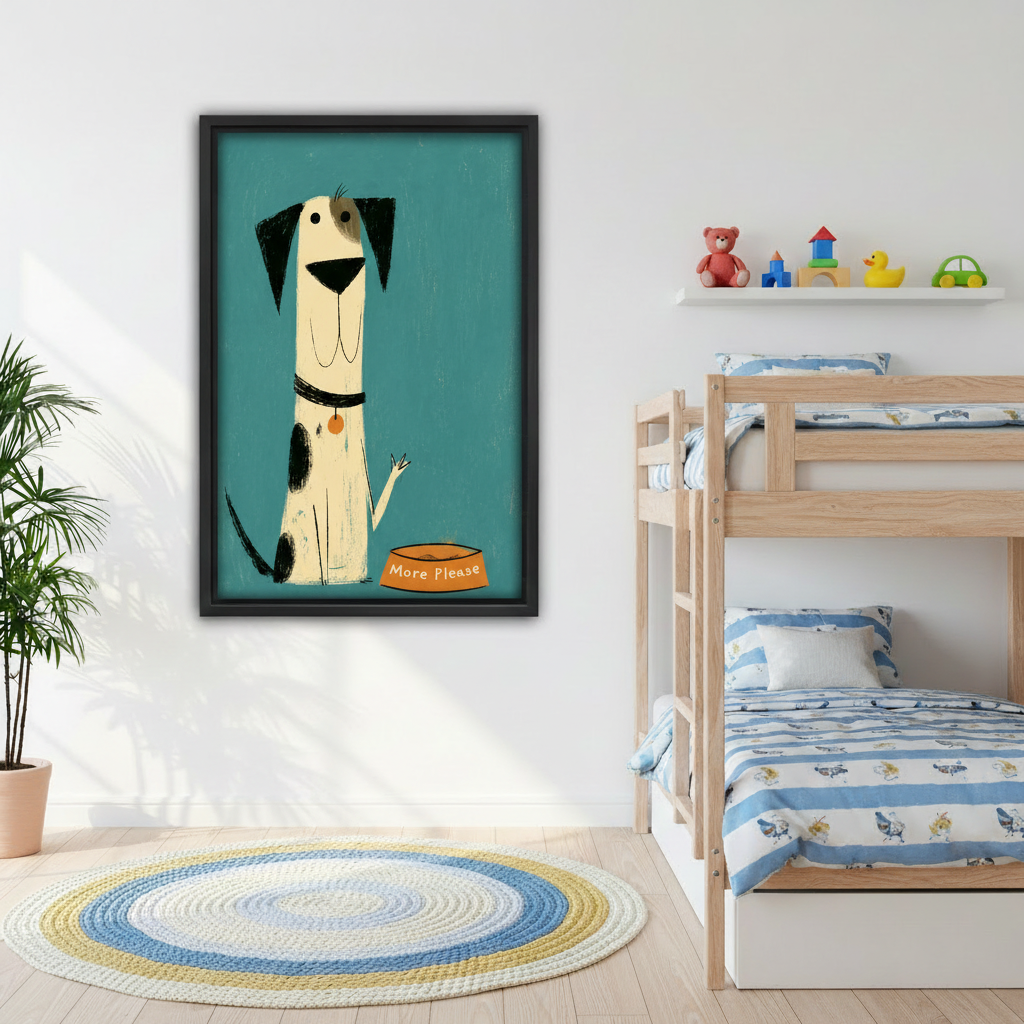 Retro dog more please canvas wall art in black frame on white wall in children's bedroom with wooden bunk beds