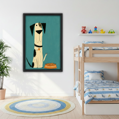 Retro dog more please canvas wall art in black frame on white wall in children's bedroom with wooden bunk beds