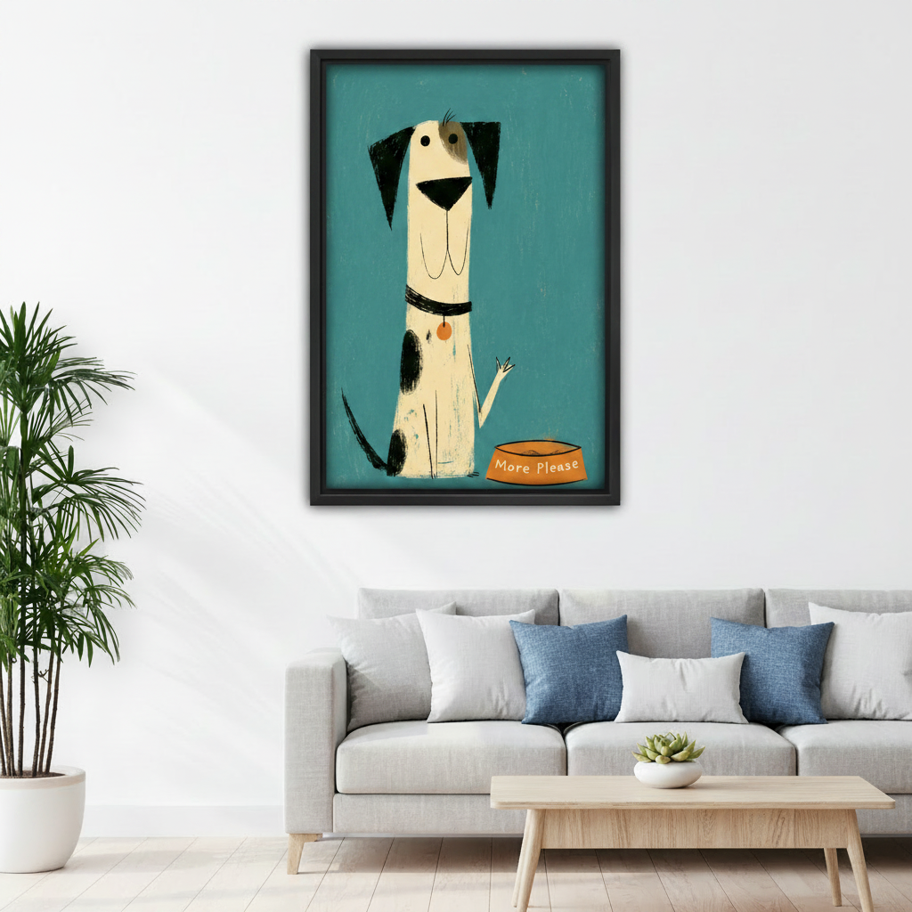 Retro dog more please canvas wall art in black frame above grey sofa with blue cushions in Scandinavian living room