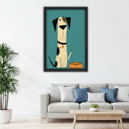 Retro dog more please canvas wall art in black frame above grey sofa with blue cushions in Scandinavian living room