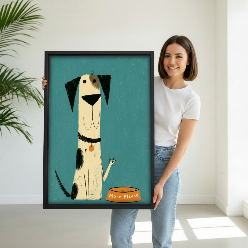 Woman holding retro dog more please canvas wall art in black float frame in bright white studio room