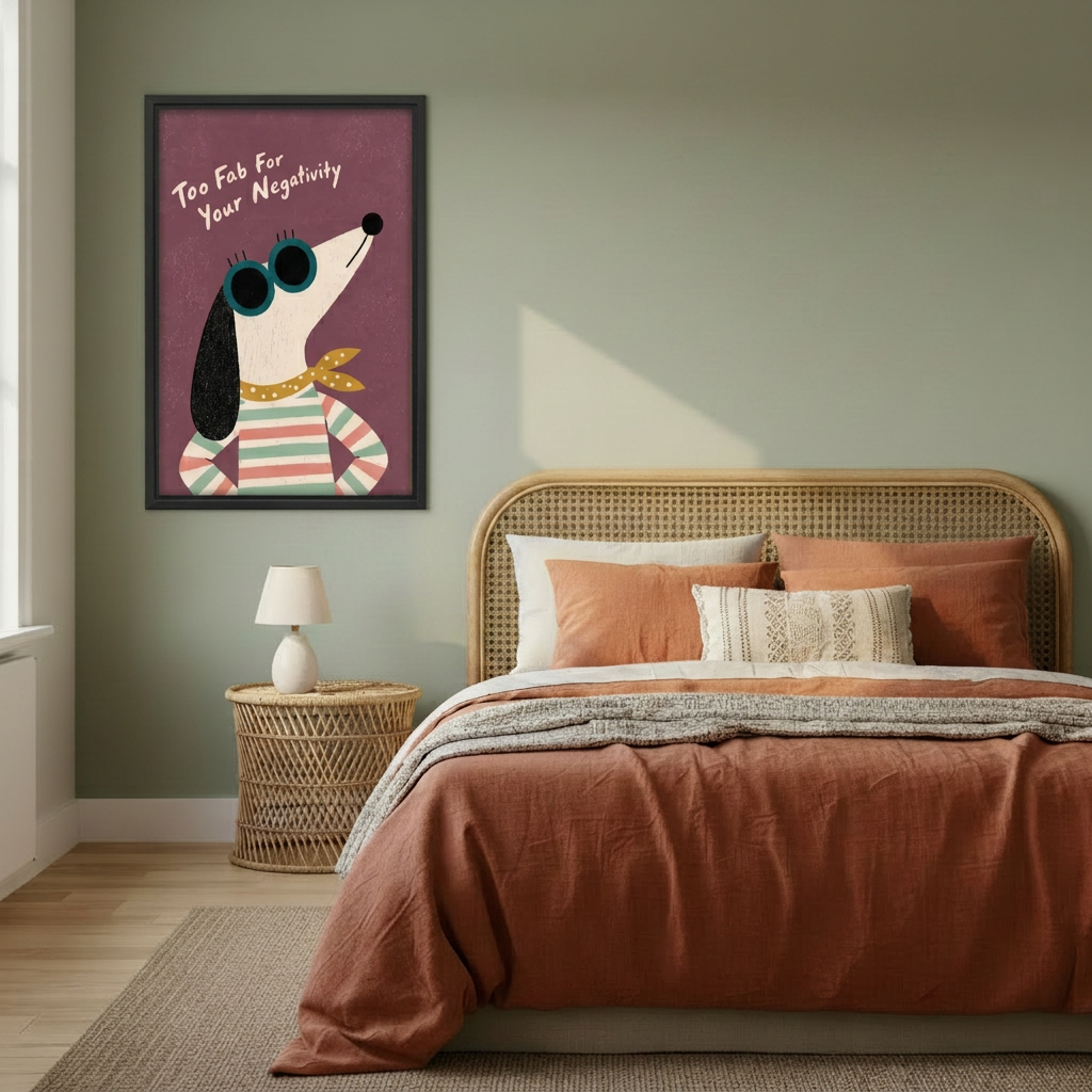 Retro dog sunglasses canvas wall art in a black frame beside a rattan bed with terracotta bedding.