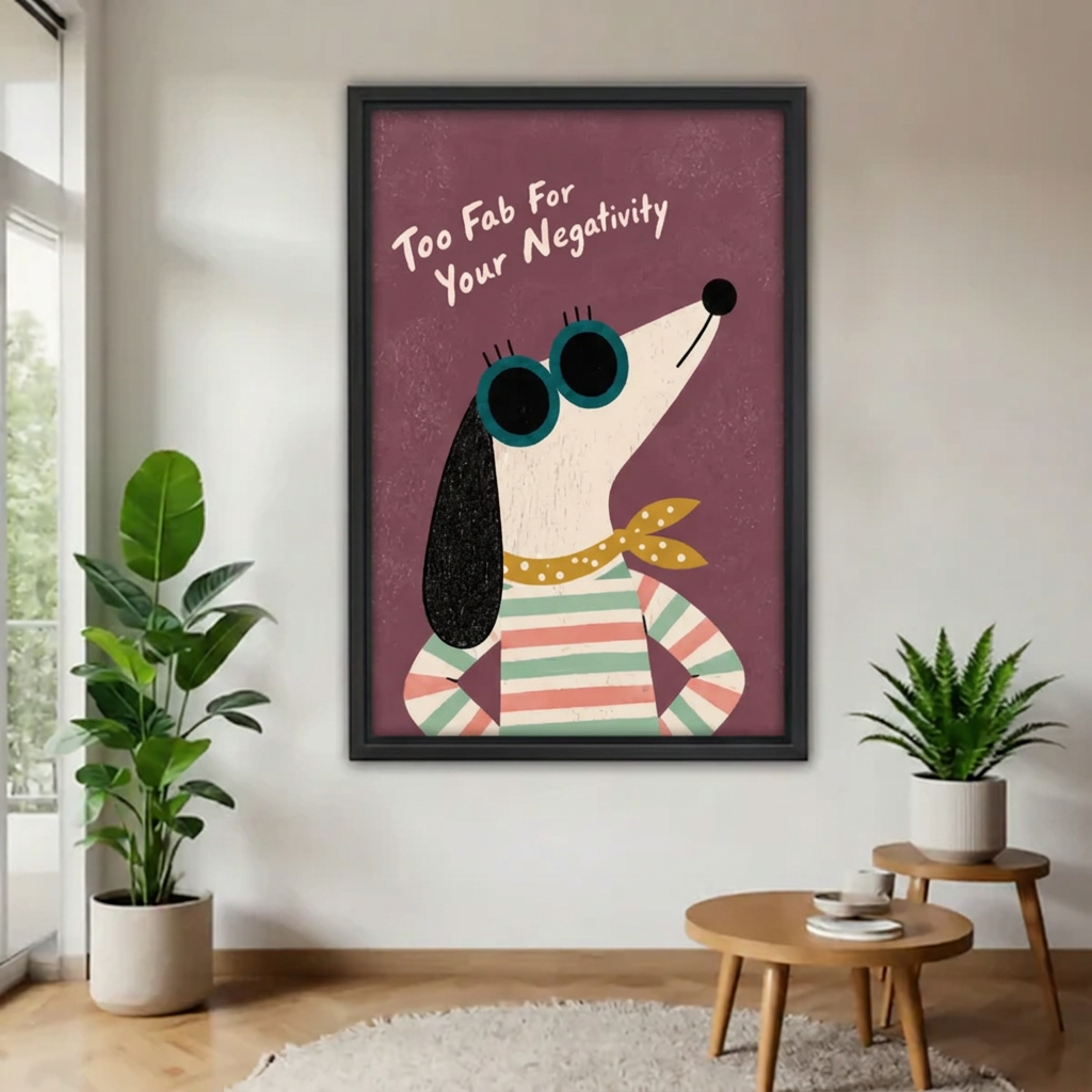 Black-framed retro dog sunglasses canvas wall art with “Too Fab For Your Negativity” lettering beside houseplants.