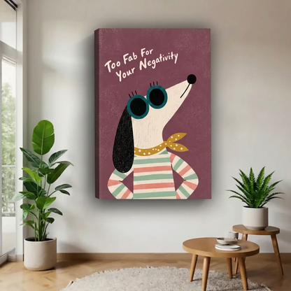 Gallery-wrapped retro dog sunglasses canvas wall art featuring a striped shirt and mustard scarf against a plum background.