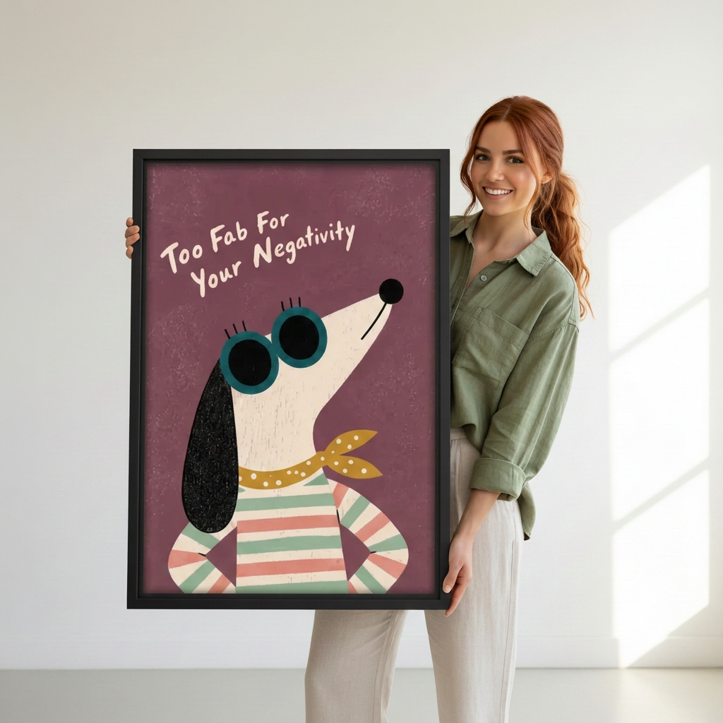 Woman holding black-framed retro dog sunglasses canvas wall art with a playful quote in a sunlit room.