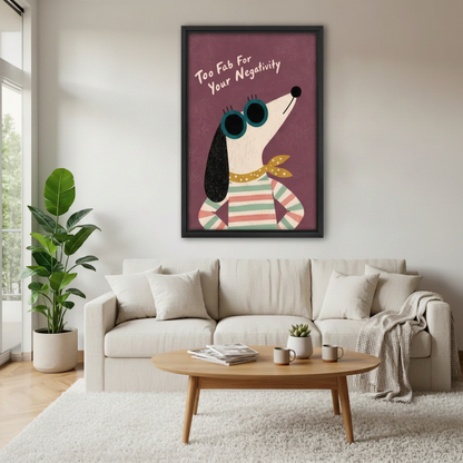 Black-framed retro dog sunglasses canvas wall art displayed above a cream sofa beside a bright window.