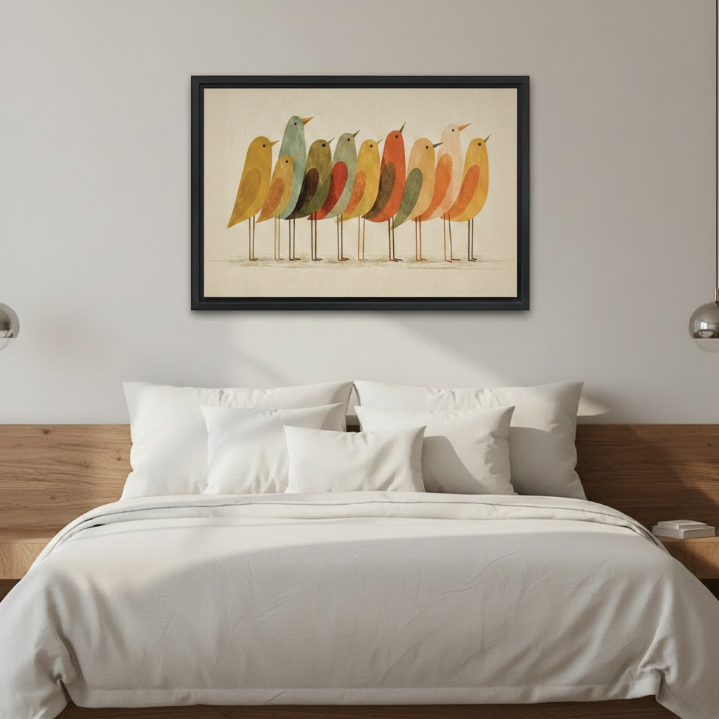 Retro folk art birds black framed canvas print on sage green bedroom wall above rattan bed with terracotta cushions