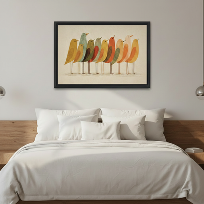 Retro folk art birds black framed canvas print on sage green bedroom wall above rattan bed with terracotta cushions