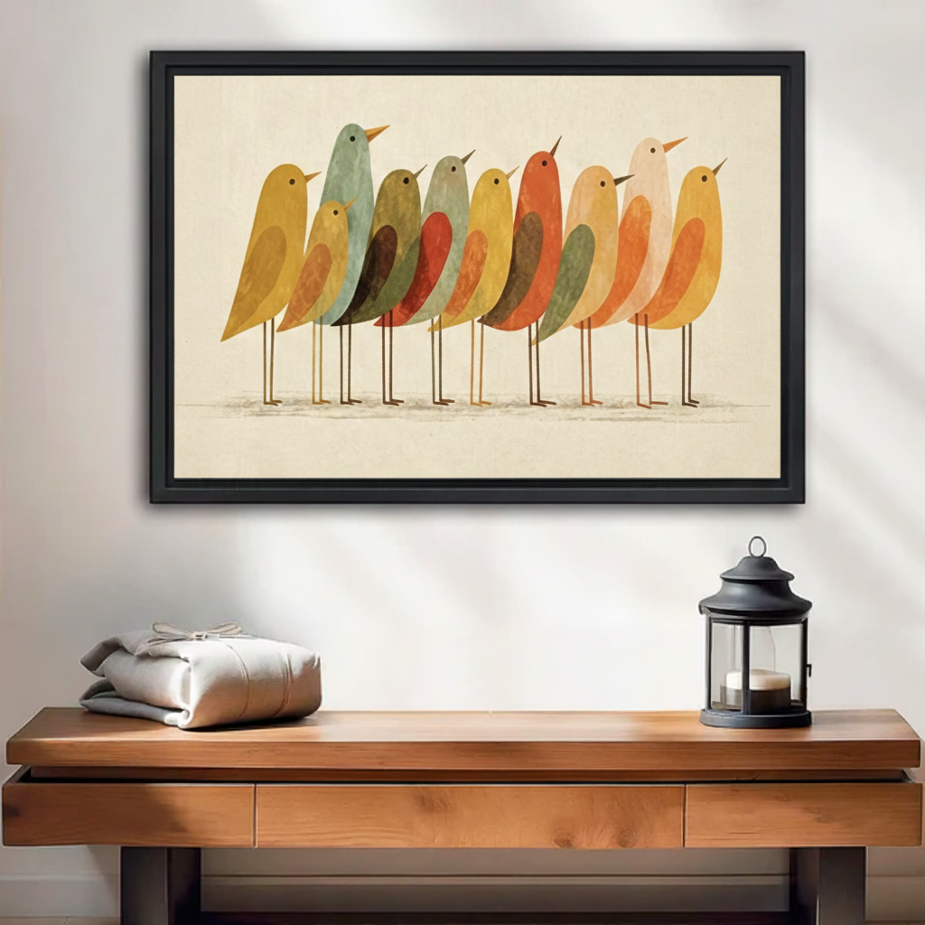 Retro folk art birds framed canvas wall art in black frame above dark wooden console table with lantern in entryway
