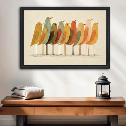 Retro folk art birds framed canvas wall art in black frame above dark wooden console table with lantern in entryway