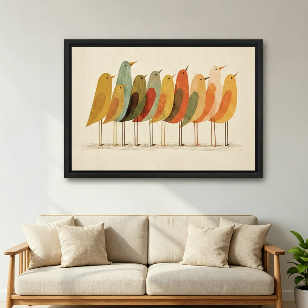 Retro folk art birds framed canvas wall art displayed above beige linen sofa in cozy Scandinavian living room with coffee table